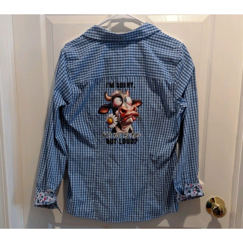 Women's Medium Blue & White Plaid Button Up Shirt Roll My Eyes Funny Graphic